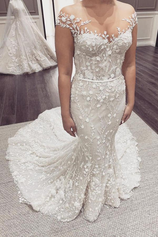 Floor-length Mermaid Wedding Dress with Elegant Off-the-Shoulder Backless Design and Appliques Lace
