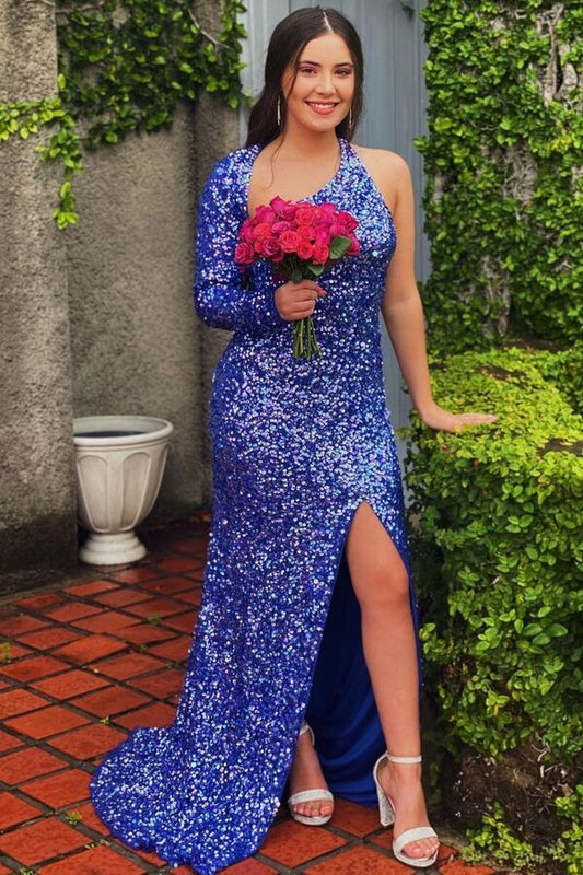 New Arrival One Shoulder Long Sleeves Prom Dress Sequins Mermaid Slit Blue