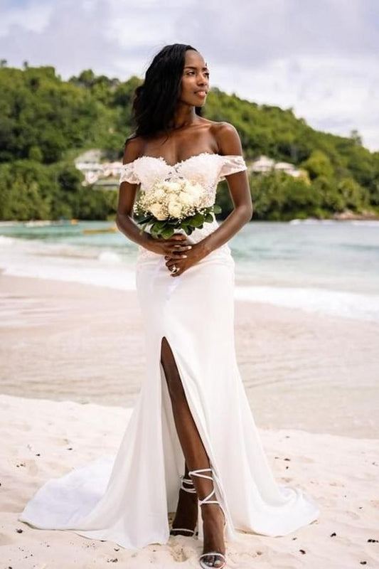 Elegant Off-the-Shoulder Sweetheart Mermaid Wedding Gown With Slit