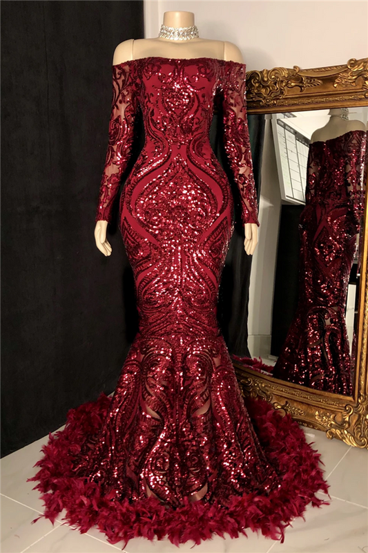 Gorgeous Burgundy Long Sleeves Sequins Prom Dress Mermaid Party Gowns With Feather