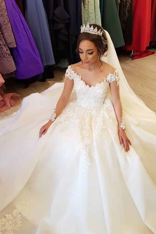 A-line Off-the-shoulder Wedding Dress with Elegant Long Sleeves and Appliques