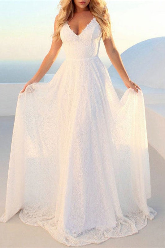 Modern V-Neck Wedding Dress with Lace for the Beach