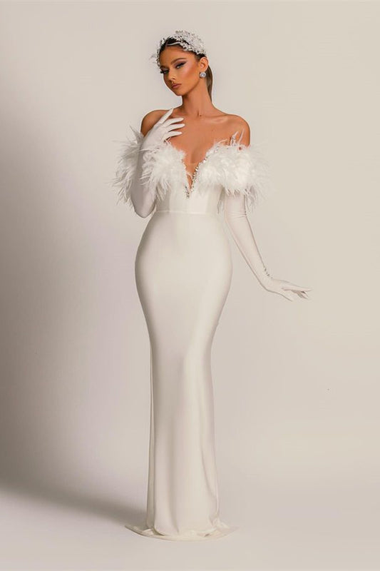 Chic White V-Neck Mermaid Prom Dresses Long Sleeves With Feather