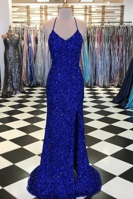 Gorgeous Royal BlueV-Neck Halter Prom Dress Mermaid Sequins Party Gowns