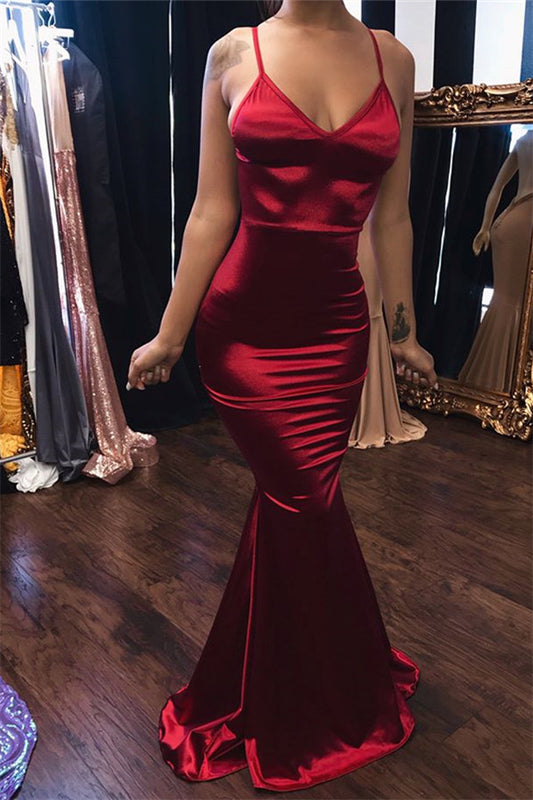 Elegant Spaghetti-Straps Mermaid Prom Dress Long V-Neck Sleeveless