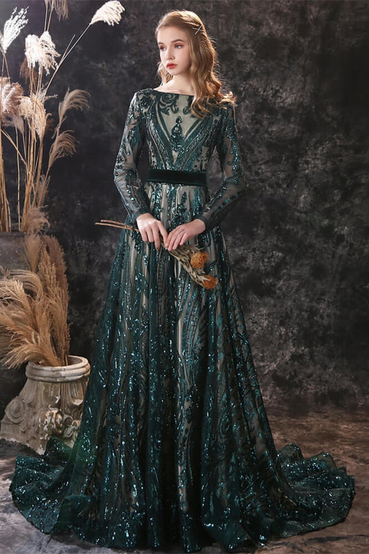 New Arrival Dark Green Sequins Long Sleeves Prom Dress With Detachable Skirt