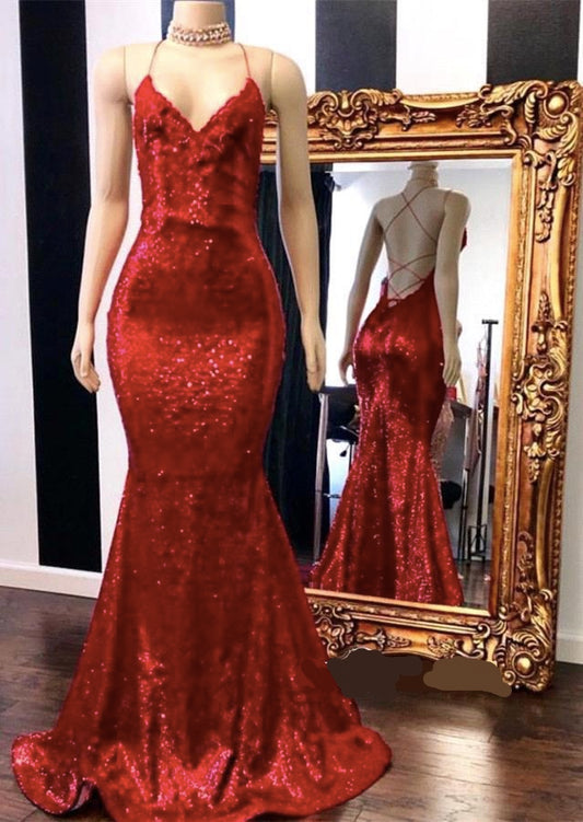 Amazing Red Sequins Mermaid Prom Dress Long With Appliques
