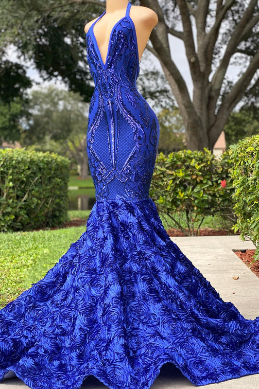 Fabulous Royal Blue V-Neck Prom Dress Mermaid Sequins Rose Bottom