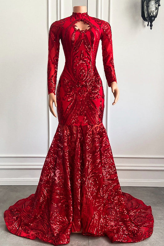 Modern Red Long Sleeves Sequins Prom Dresses Mermaid High Neck