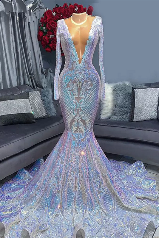 Gorgeous Long Sleeves Sequins Mermaid Prom Dress V-Neck