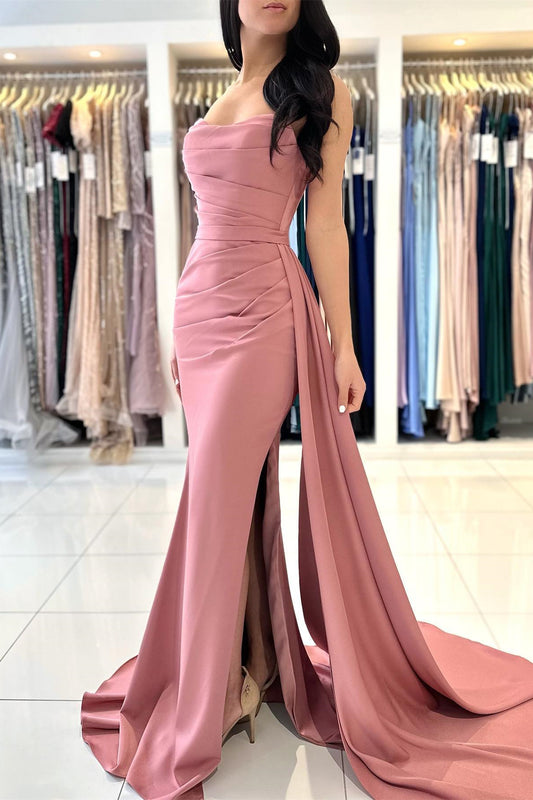 New Arrival Dusty Rose Mermaid Prom Dress Starpless Pleats With Slit