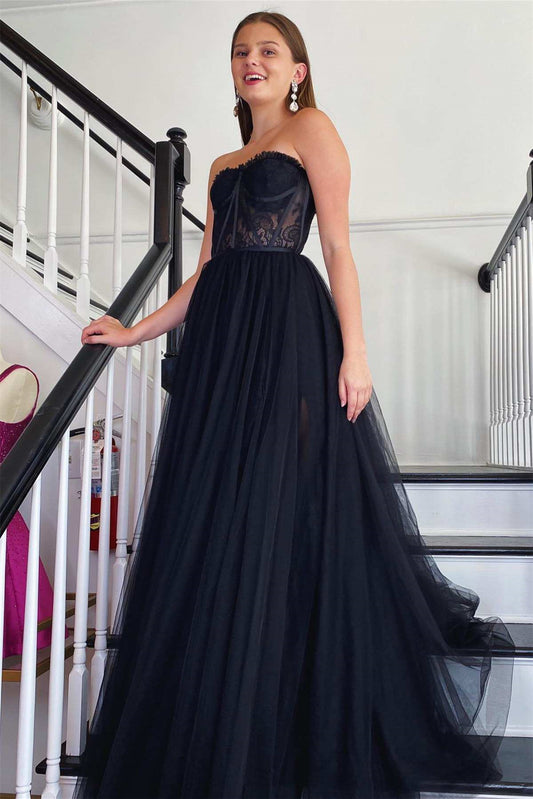 Modern Strapless A-Line Prom Dress Tulle Lace Zipper Back