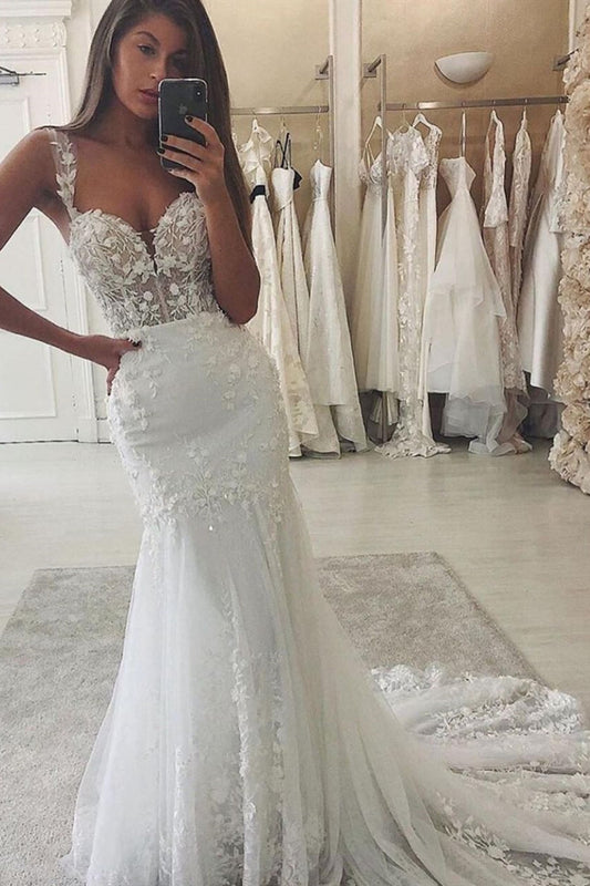 Mermaid Wedding Dress with Sweetheart Lace and Spaghetti Straps, Classic Tulle Appliques