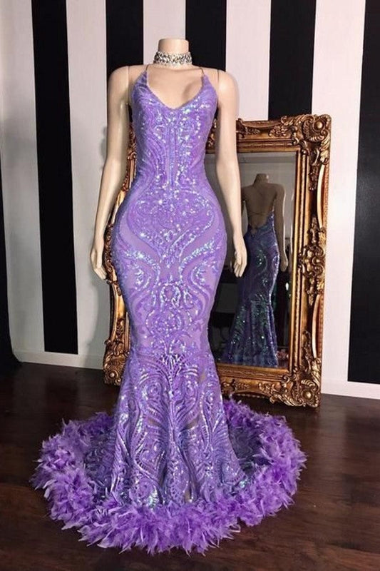 Gorgeous Spaghetti-Straps Lilac Mermaid Prom Dress Sequins With Feather