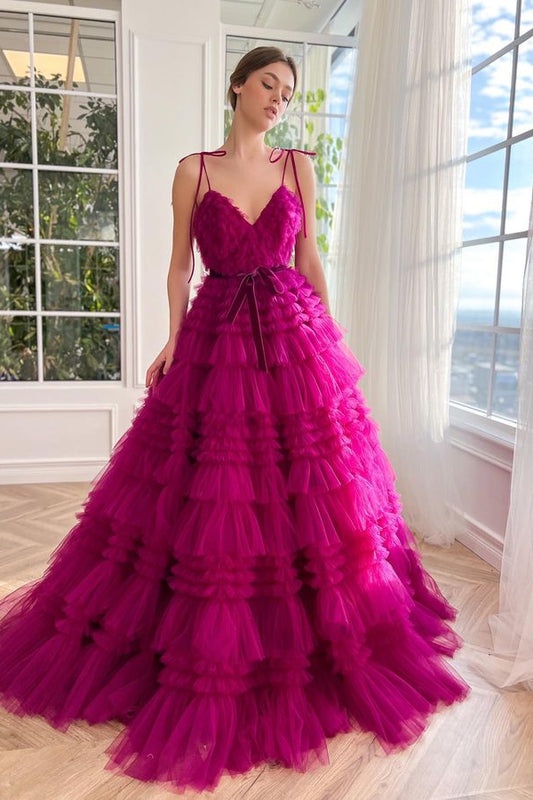 Charming Hot Pink Spaghetti-Straps V-Neck Prom Dress Layered Tulle Sleeveless