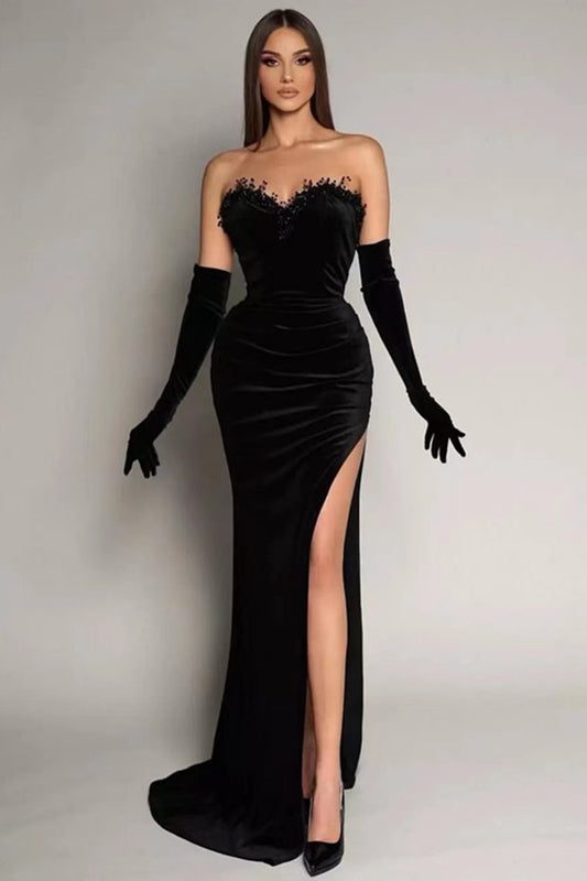 Classic Black Mermaid Prom Dress Sweetheart Long Velvet Slit With Beads