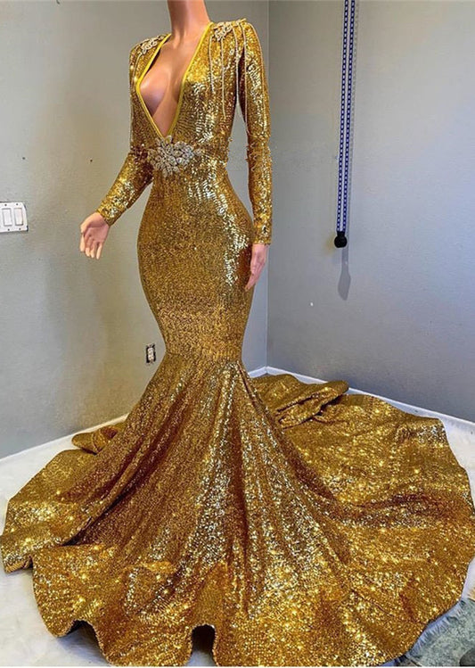 Gorgeous Gold Sequins Long Sleeves Prom Dress Mermaid Deep V-Neck