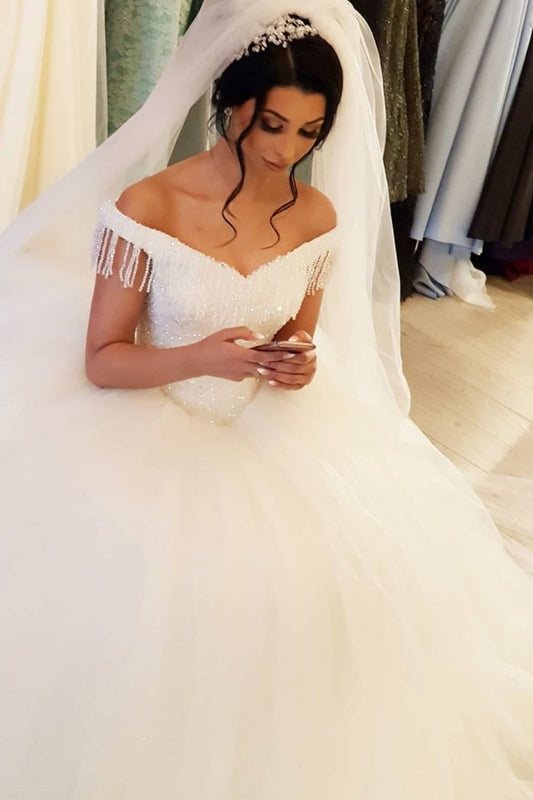 Off-the-shoulder Beaded Backless Wedding Gown with Elegant Floor-length Tassel Tulle
