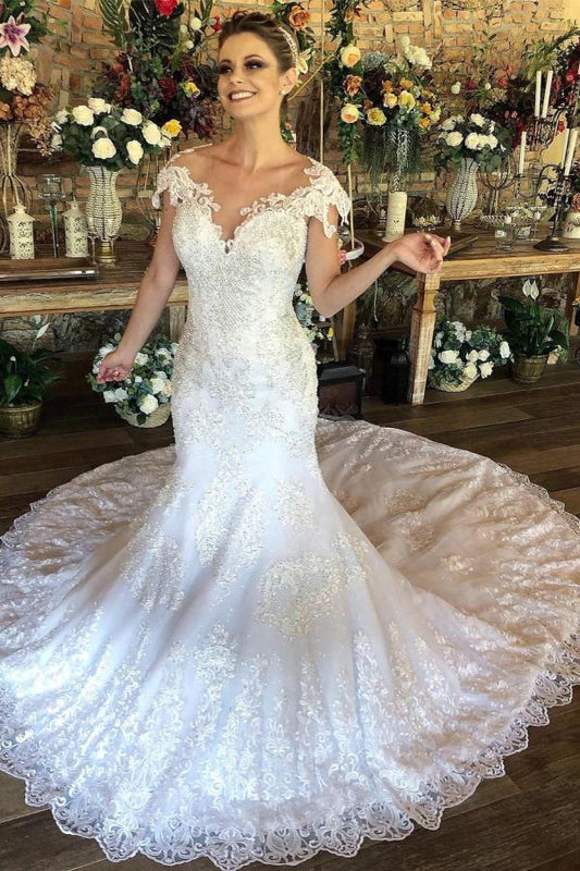 Long Mermaid Wedding Dress with Elegant Sweetheart Neckline and Lace Cap Sleeves