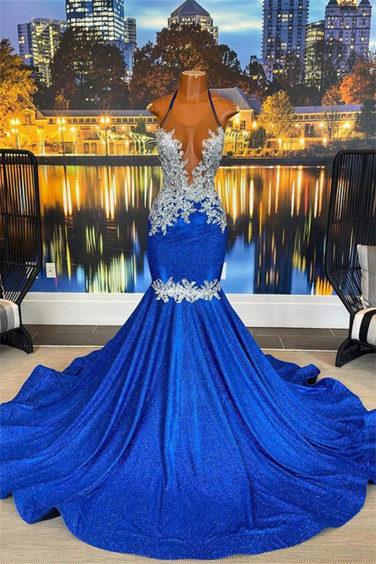 New Arrival Royal Blue Halter Prom Dress Mermaid Sleeveless With Appliques