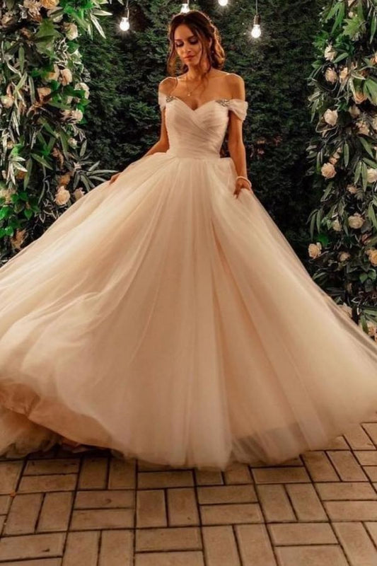 Elegant A-line Long Tulle Wedding Gown with Off-the-shoulder Neckline and Chapel Train