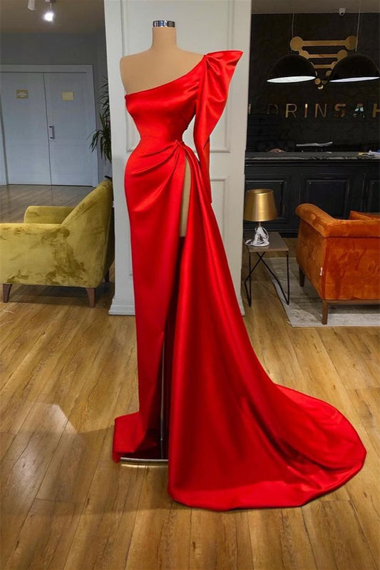 Red One Shoulder Long Sleeves Prom Dress With Slit