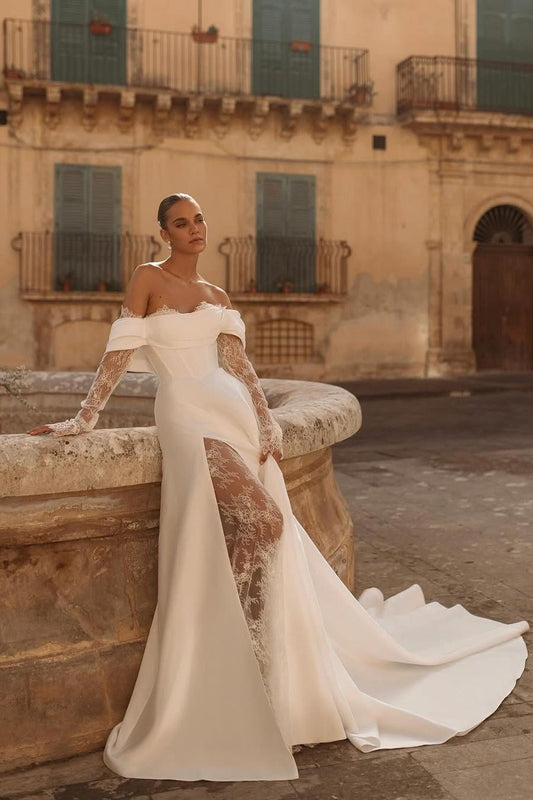 Elegant White Satin Off-the-Shoulder Gown with Long Lace Sleeves and Side Split