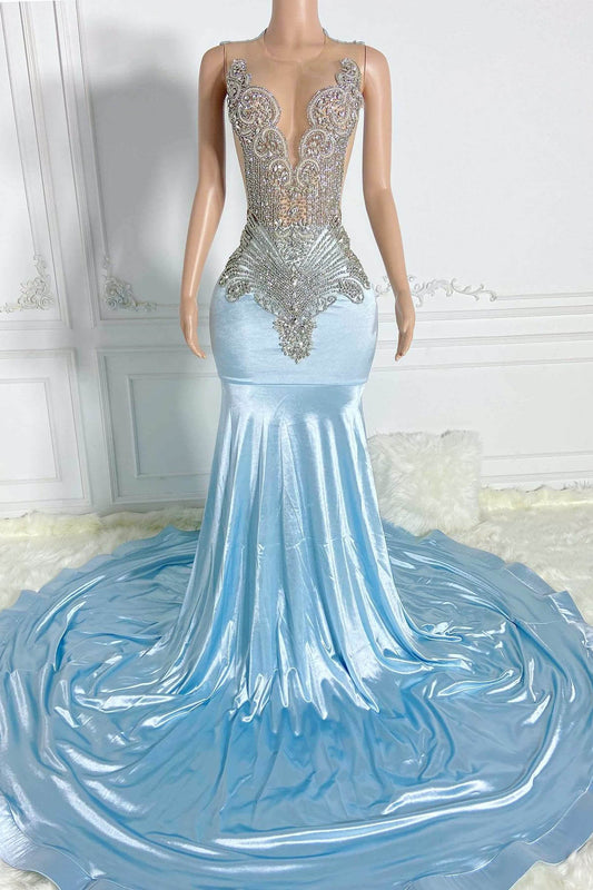 Fabulous Sky Blue Scoop Sleeveless Mermaid Prom Gown With Beadings On Sale
