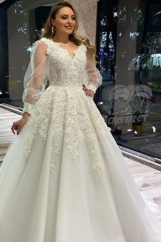 Elegant V-neck Lace Appliques Tulle A-Line Bridal Gown Featuring Puffy Long Sleeves