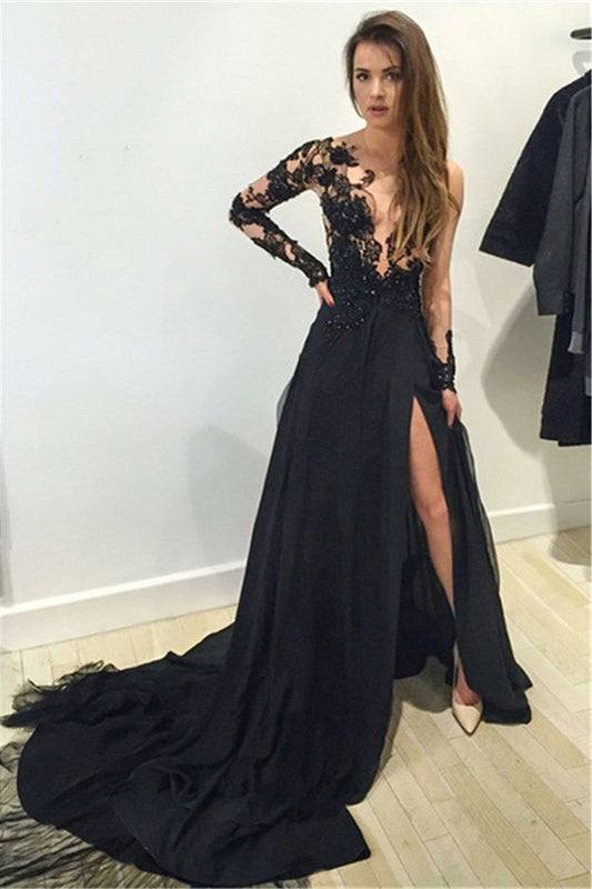 Chic Long Sleeves Black Prom Dress Appliques With Slit