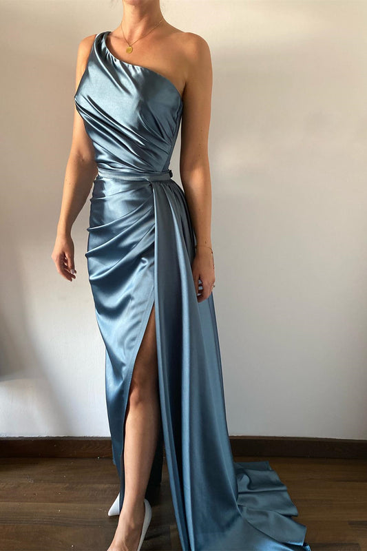 New Arrival Dusty Blue One Shoulder Sleeveless Mermaid Prom Dress Pleats With Split Detachable Ruffles