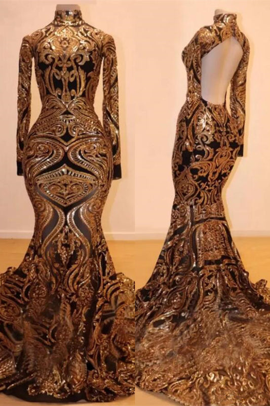 Classic Long Sleeves Mermaid Prom Dress With Golden Sequins Lace Pattern