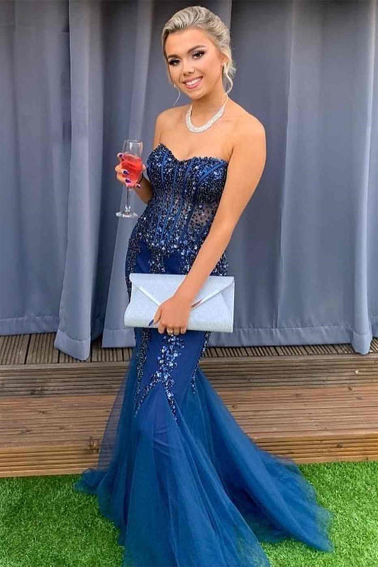 Modern Dark Blue Sweetheart Mermaid Prom Dress Backless With Sequins Beadings