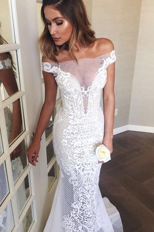 Elegant Mermaid Wedding Dress with Off-Shoulder Neckline and Sweep Train Appliques