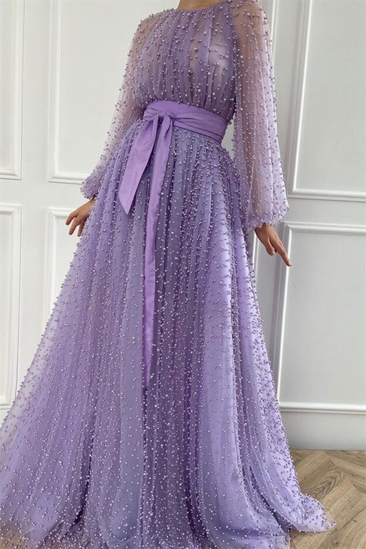 Gorgeous Long Sleeves Lilac Tulle Prom Dress Long With Pearls