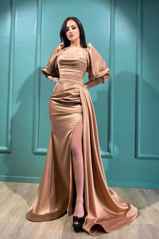 Gorgeous Square Bubble Long Sleeves Prom Dress Mermaid Slit With Ruffles