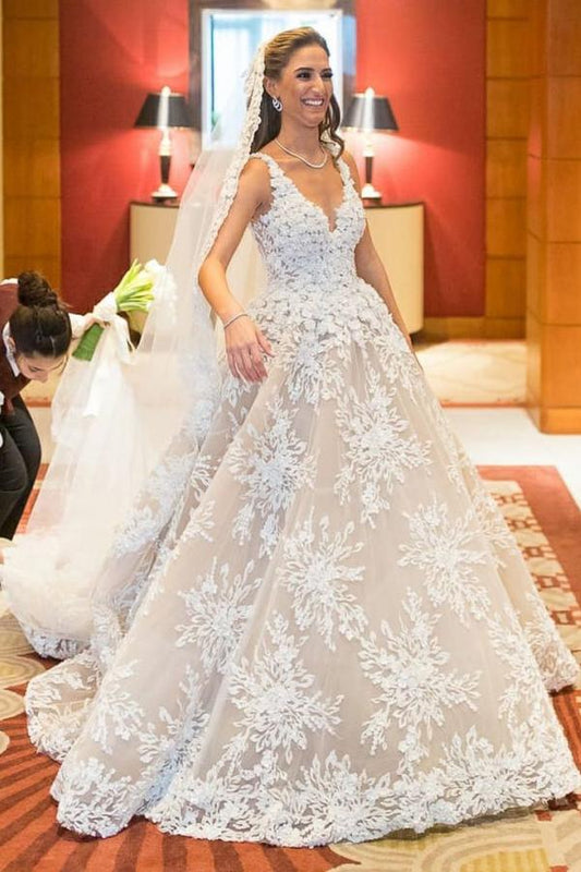 Elegant V-Neck Lace A-Line Long Wedding Dress with Floral Details