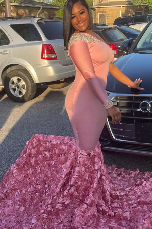 Modern Pink One Shoulder Mermaid Prom Dress With Flowers Bottom