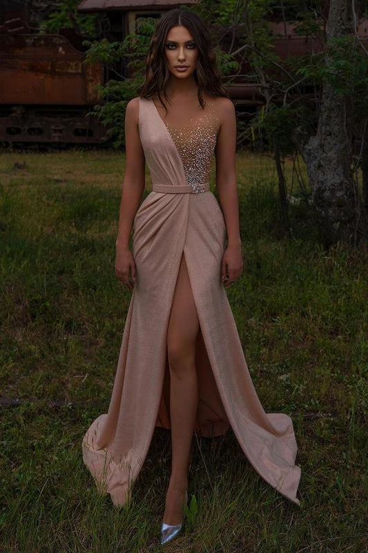 Sleeveless Long Prom Dress Beadings With Slit