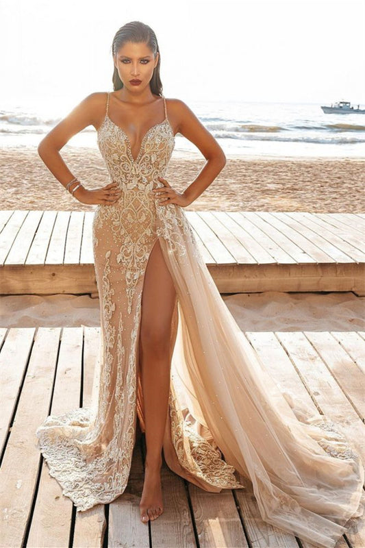 Mermaid Split Wedding Dress in Nude with Spaghetti Straps and Beadings