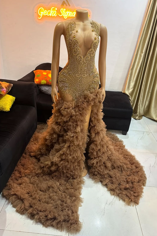 Modern Brown Sleeveless Mermaid Long Prom Dress Beadings With Tulle Ruffles Split