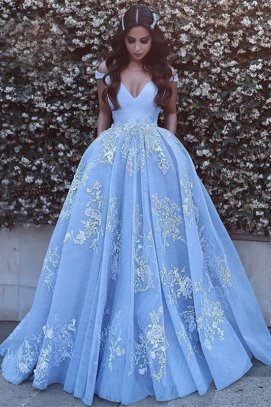 Gorgeous Off-the-Shoulder Baby Blue Prom Dress With Lace Appliques