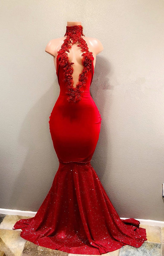 Classy Red High Neck Mermaid Prom Dress Sleeveless With Appliques