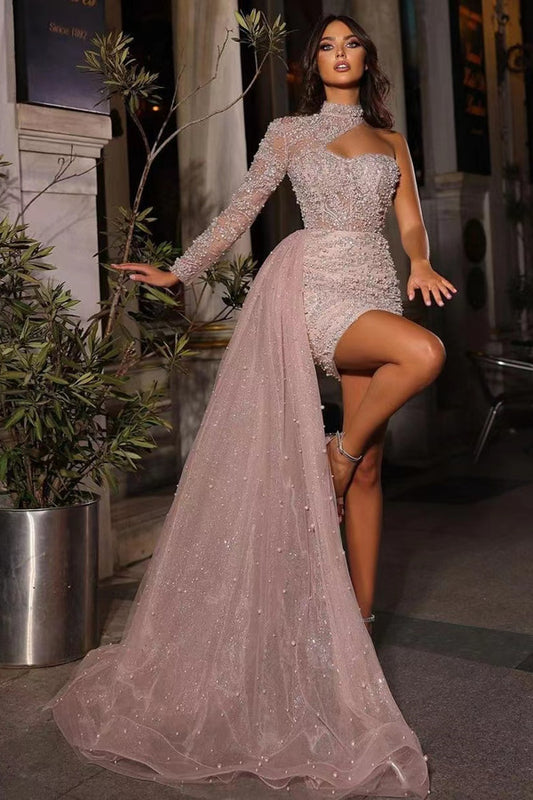 New Arrival High Neck Long Sleeves Short Prom Dress With Pearls Ruffle