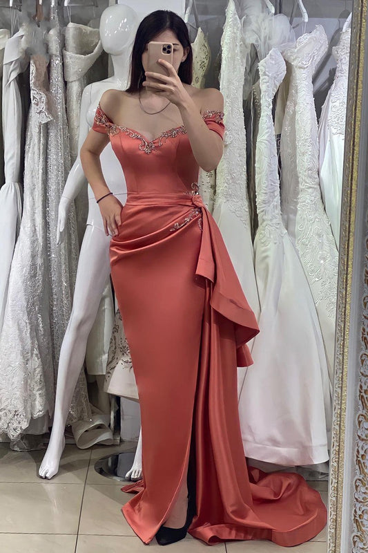 Classy Dusty Orange Off-the-Shoulder Prom Dress Mermaid Long With Beads