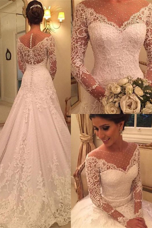 Elegant Princess Wedding Gown with Long Sleeves and Pearl Lace Appliques