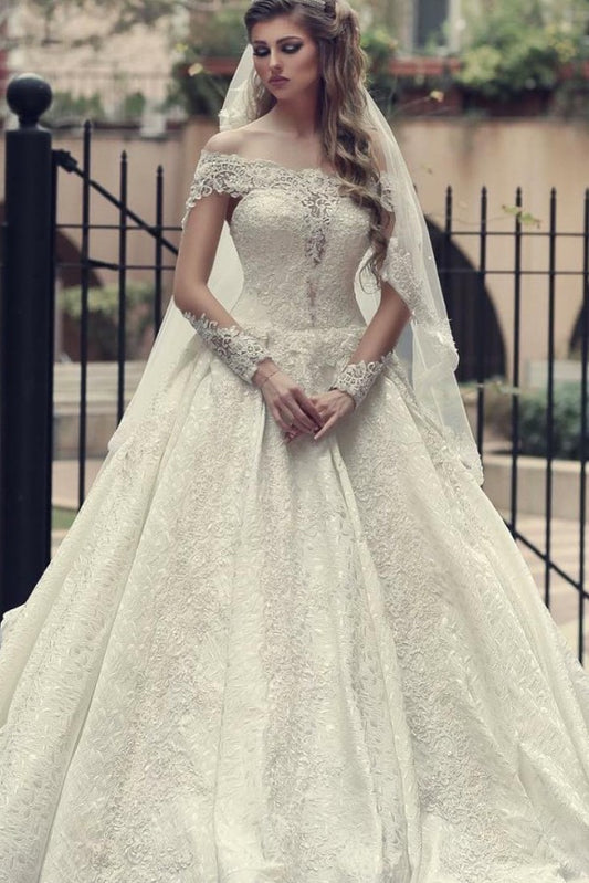 Elegant Off-the-Shoulder A-Line Wedding Gown with Lace Backless Detail and Long Sleeves