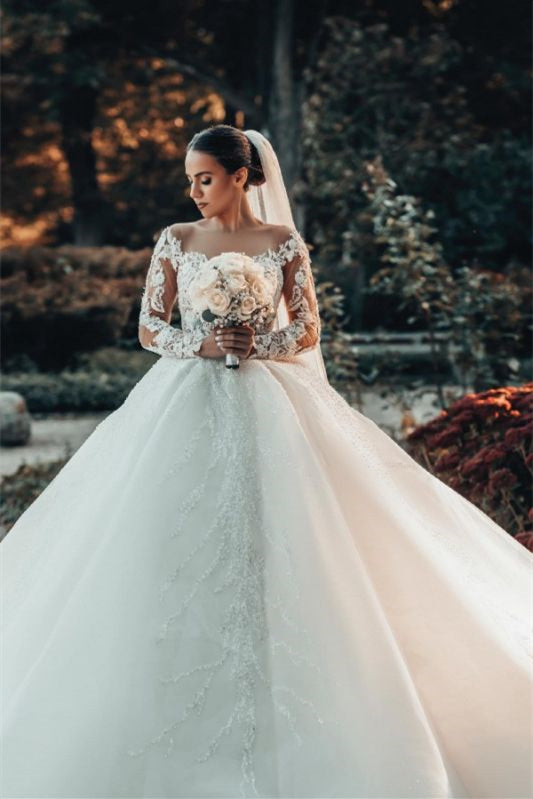Lace Ball Gown Wedding Dress with Off-The-Shoulder Design
