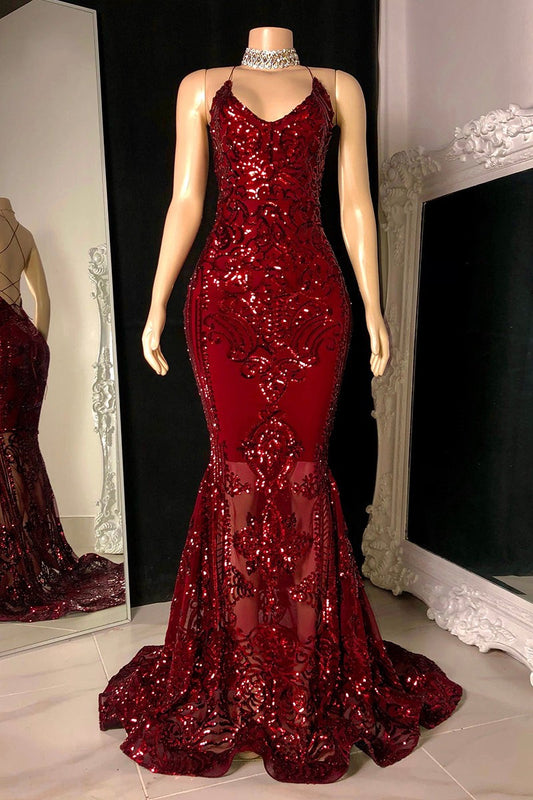 Classy Spaghetti-Straps V-Neck Sleeveless Prom Dress Mermaid Sequins Long
