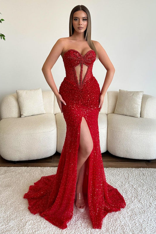 Popular Sweetheart Sleeveless Mermaid Prom Dresses With Split Sequins Pearls Beads